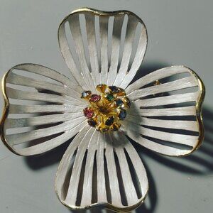 Dogwood Brooch Vintage Gold Silver Tone Floral Flower Multi Color Rhinestones